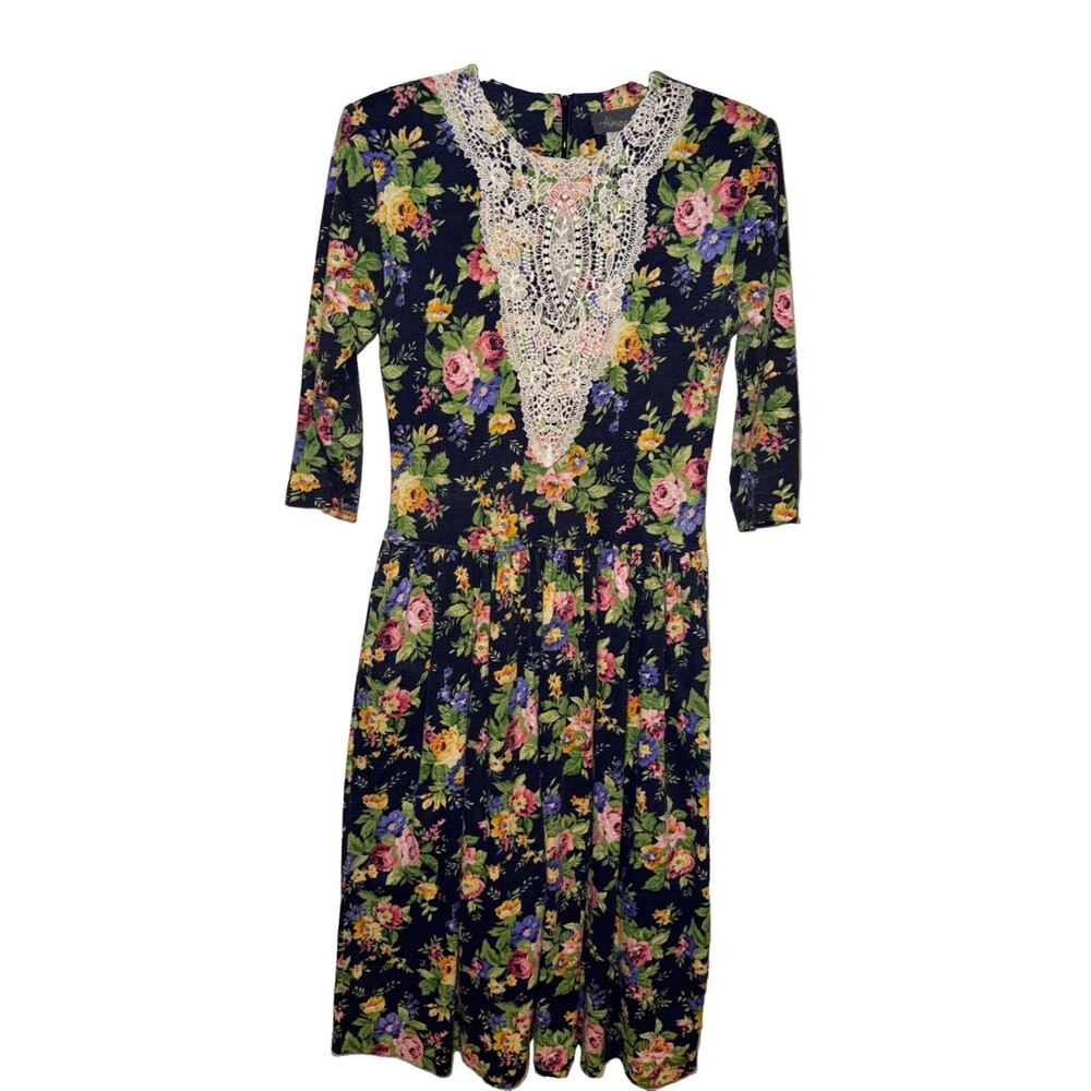 VTG Alison J Midi Dress Floral Crochet Lace 80s Sz 10 Pockets Cottage Core Geek